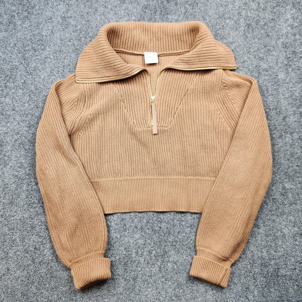 Varley Cropped Zip V-Neck Sweater in Camel